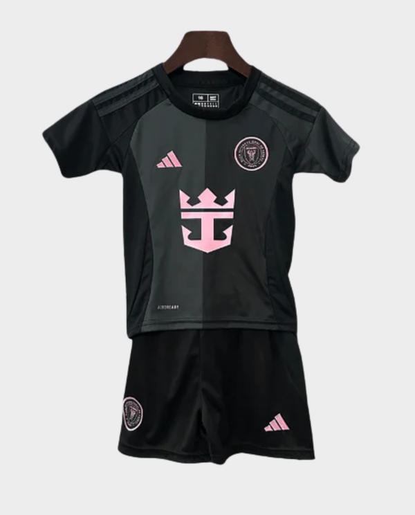 Kids Inter Miami Away Kit 2025-26 featuring a black jersey and shorts with pink accents