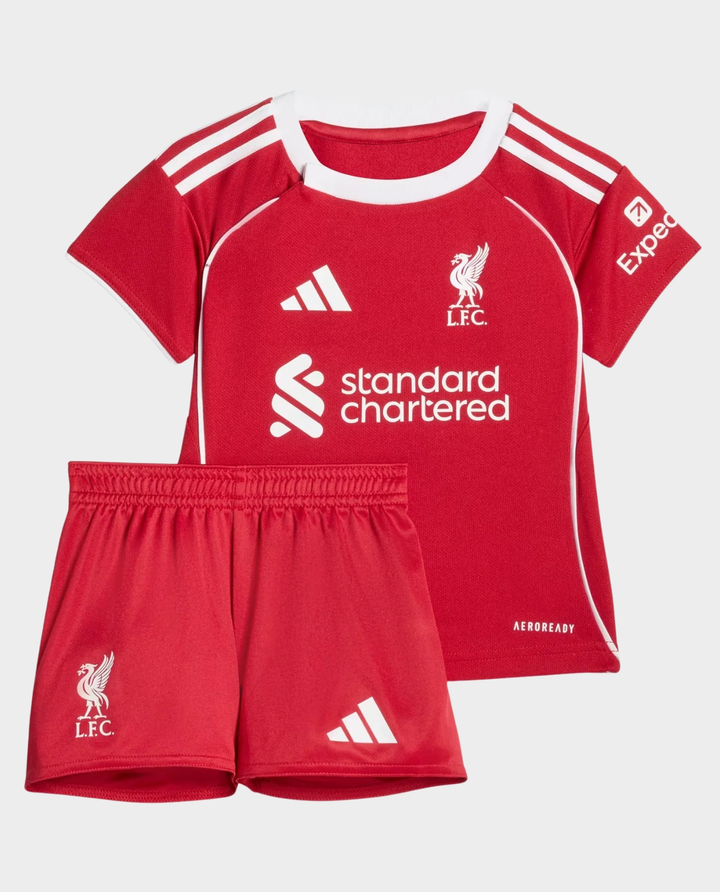 Kids Liverpool home kit 2025-26 featuring a red jersey with shorts and club logo for young fans