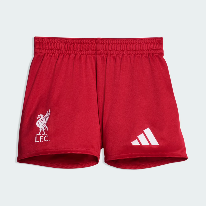 Kids Liverpool home kit 2025-26 shorts in red with embroidered logo and Adidas branding
