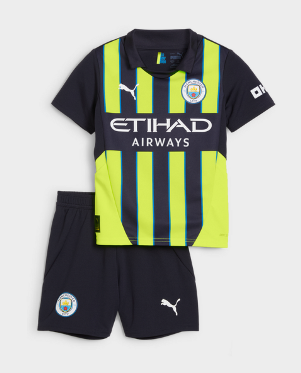 Kids Manchester City away jersey set with black and bright yellow design, perfect for young fans