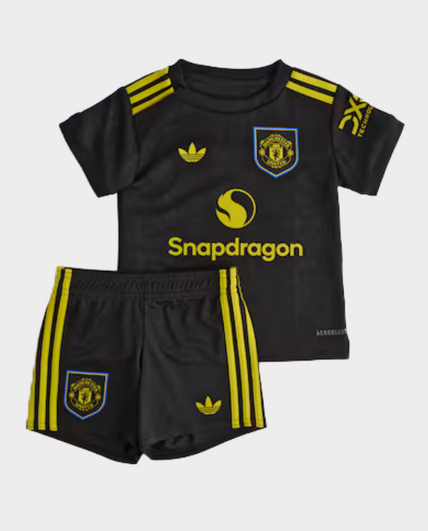 Kids Manchester United third kit 2025-26 featuring black jersey and shorts with yellow accents