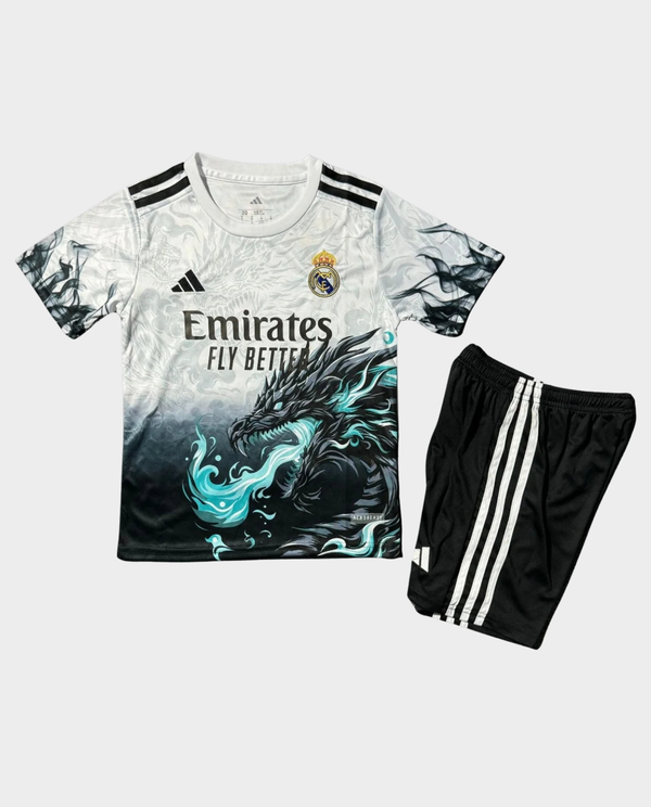 Kids Real Madrid jersey 2025 set featuring a classic design in black and red with logo details