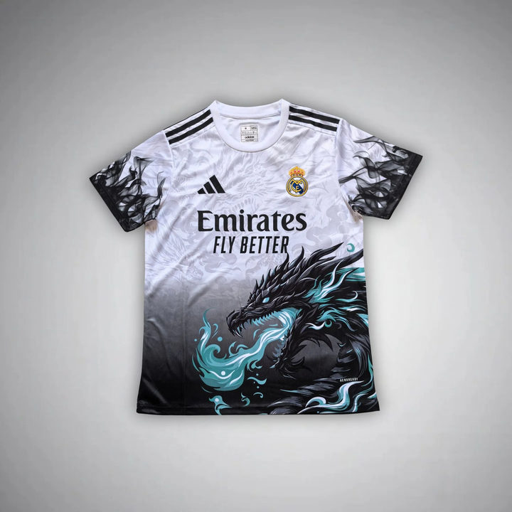 Kids Real Madrid jersey 2025 featuring a dragon design and vibrant colors for young fans
