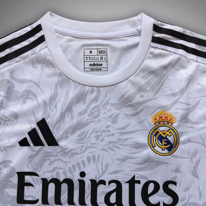 Kids Real Madrid jersey 2025 featuring the club crest and Adidas branding in white and black
