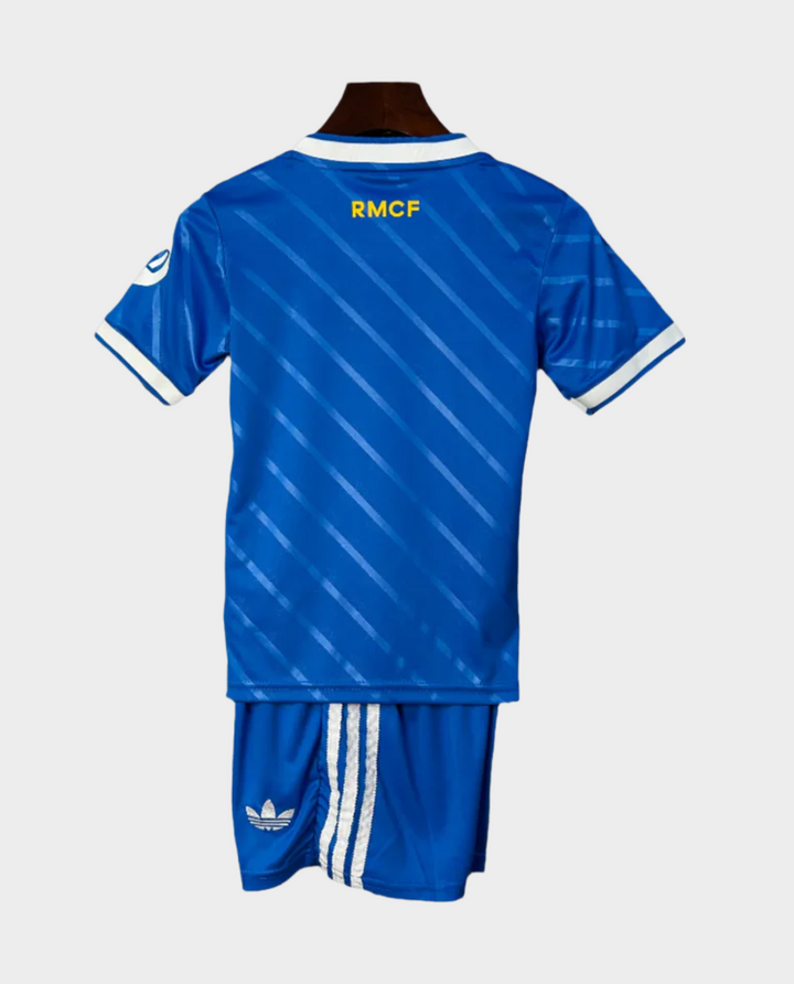 Kids Real Madrid Third Kit 2025-26 featuring a blue jersey and shorts with striped design