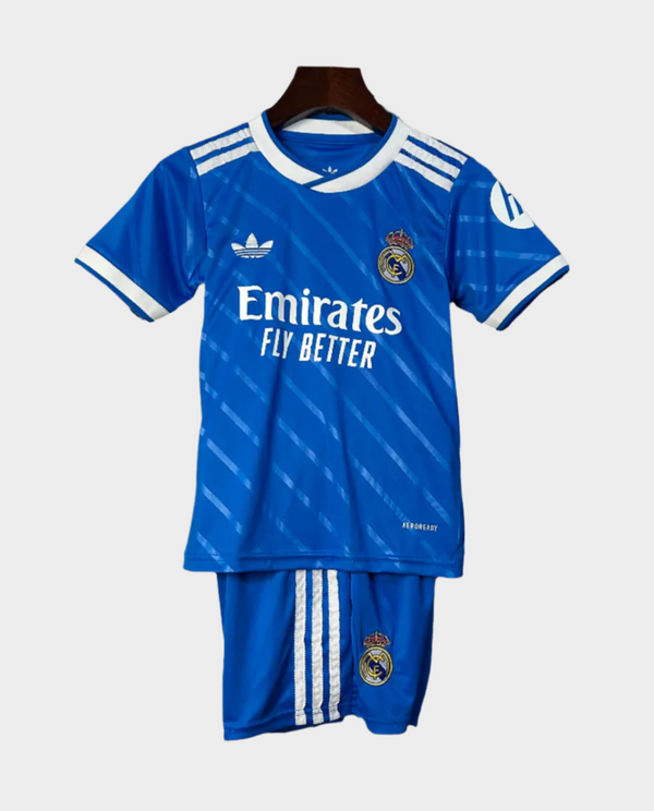 Kids Real Madrid Third Kit 2025-26 in Blue with Club Logo and Matching Shorts