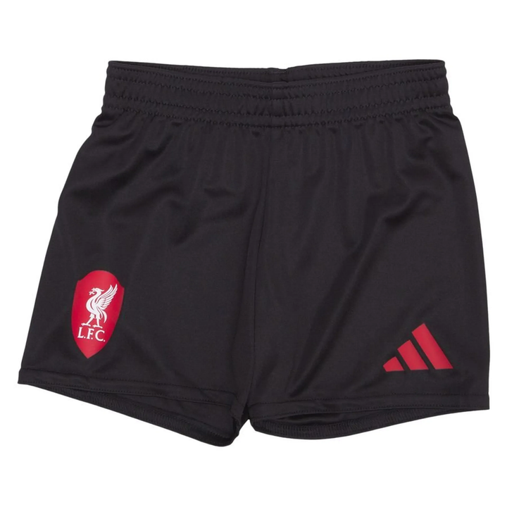 Liverpool away kit 2025-26 for kids featuring comfortable black shorts with the team logo