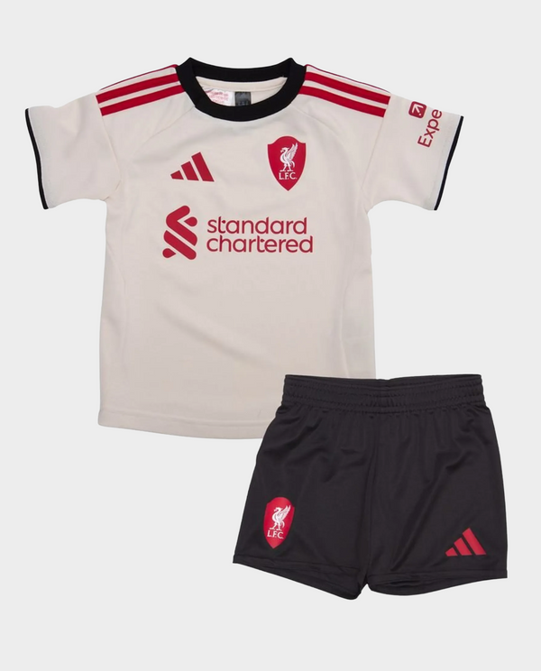 Liverpool away kit 2025-26 for kids featuring a white jersey and black shorts with team logos