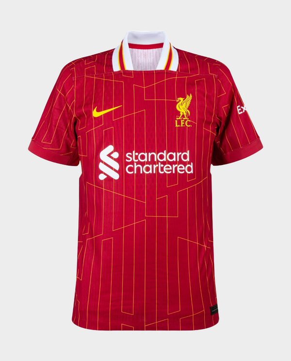 Liverpool Home Jersey 2024 featuring Nike logo and standard chartered sponsor in vibrant red design