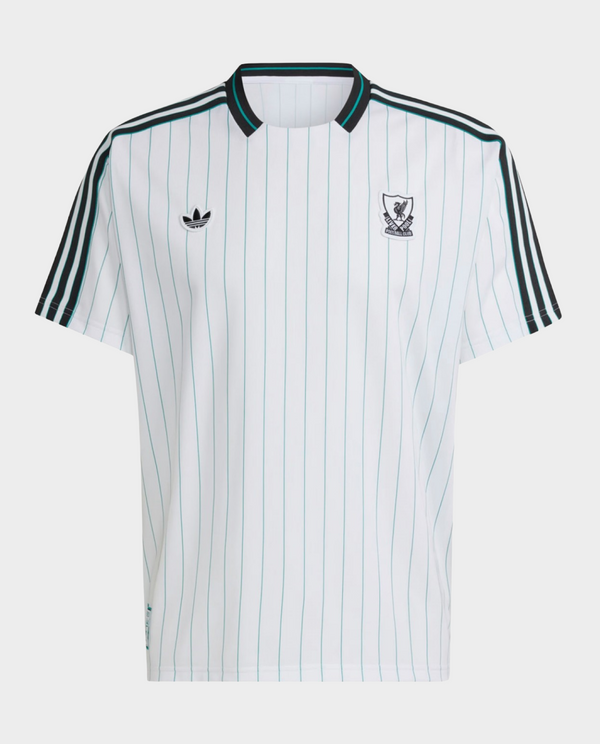 Liverpool Terrace Icon Jersey 2025-26 in white with green pinstripes and embroidered logo