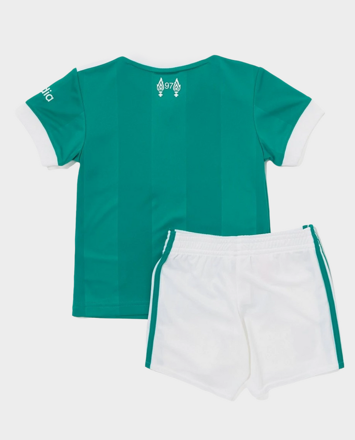 Liverpool third kit 2025-26 for children with a green jersey and white shorts