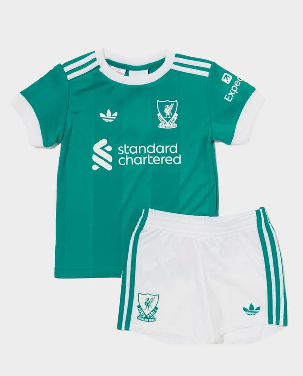 Liverpool third kit 2025-26 for children featuring a green jersey and white shorts with sponsor logos