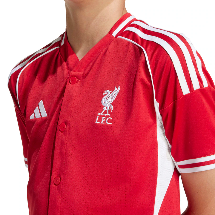 Liverpool US pack shirt 2025-26 in red with white stripes and LFC logo for fans