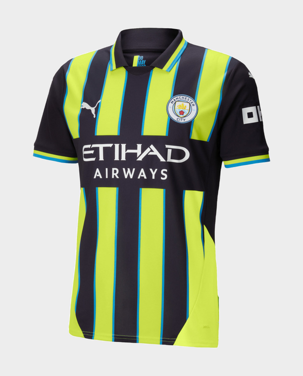 Manchester City away jersey player version with bright stripes and club logo for fans and players