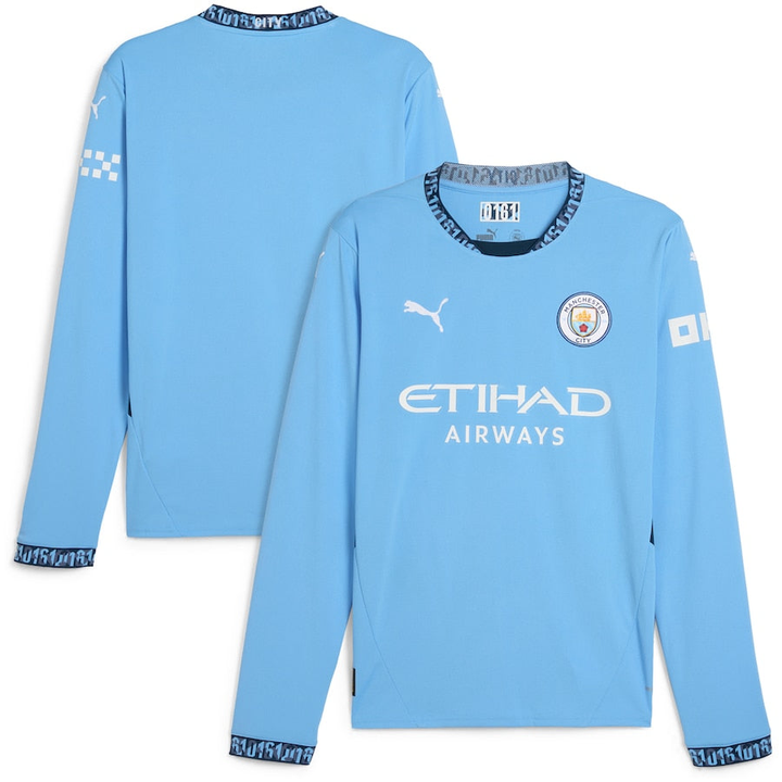Manchester City full sleeve jersey 2024 in light blue with ETIHAD AIRWAYS logo by Striker Store