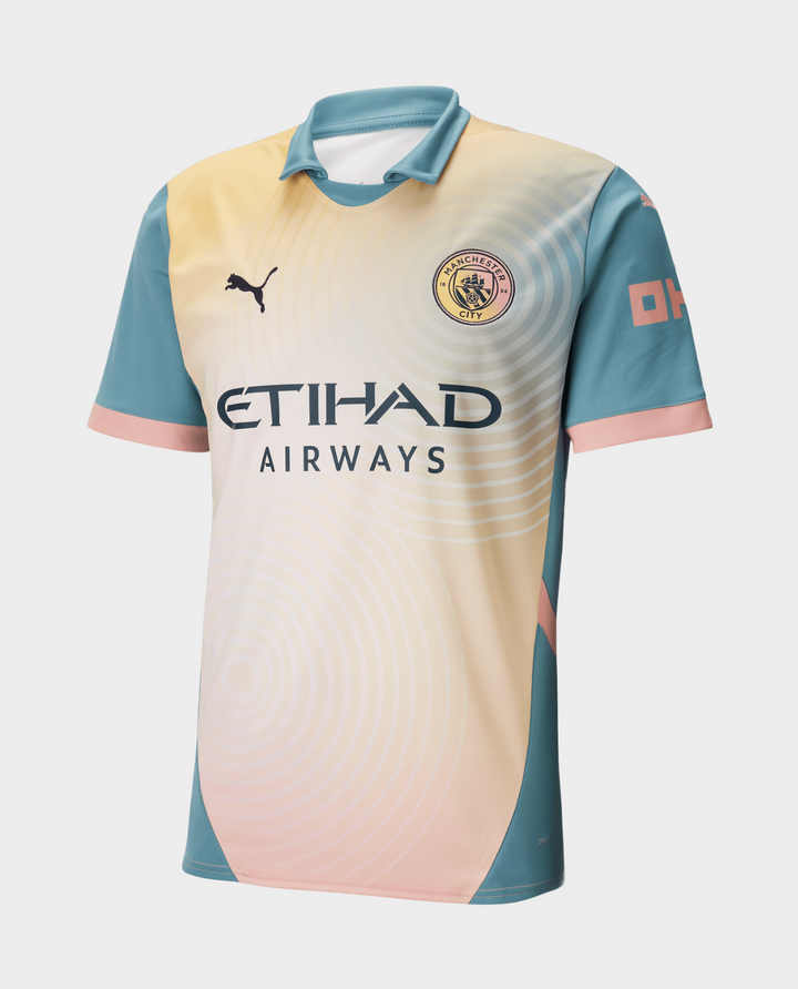 Manchester City jersey 2024 featuring a unique gradient design and the Etihad Airways logo