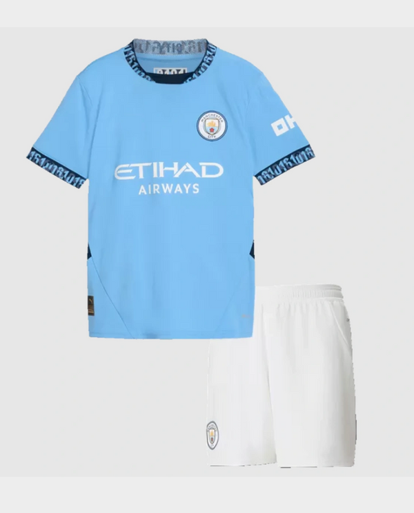 Kids Manchester City Home Jersey 2024 featuring blue shirt and white shorts for young fans