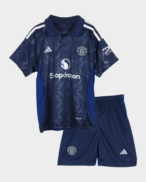 Kids Manchester United jersey 2024 in navy with matching shorts for young soccer fans