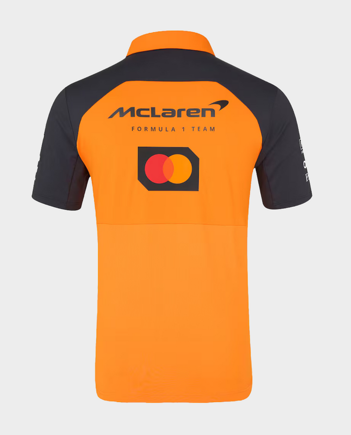 Orange McLaren F1 racing 2025 team polo with logo, perfect for racing enthusiasts