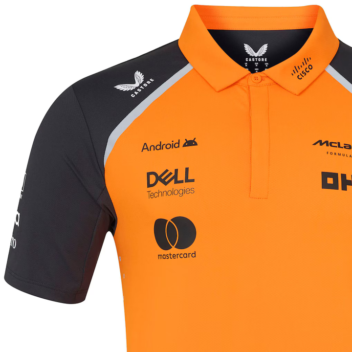 Striker Store McLaren F1 racing 2025 team polo in orange and black with sponsor logos