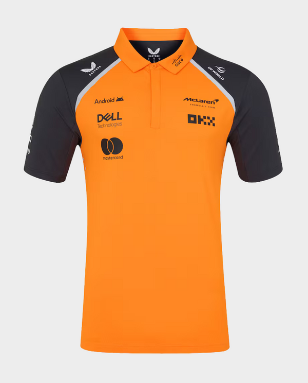 McLaren F1 racing 2025 team polo in orange and black with sponsor logos on sleeves
