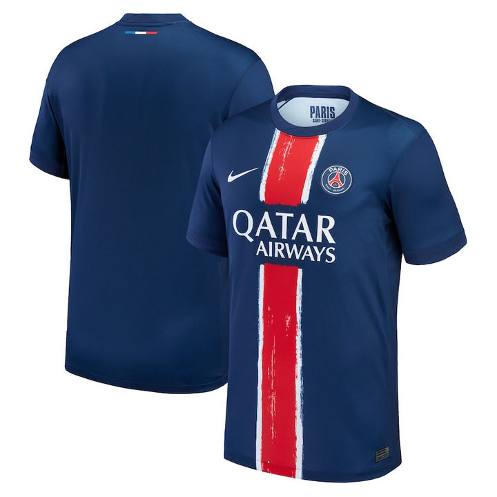 Striker Store Paris 2024 home jersey in navy with bold red stripe and Qatar Airways logo