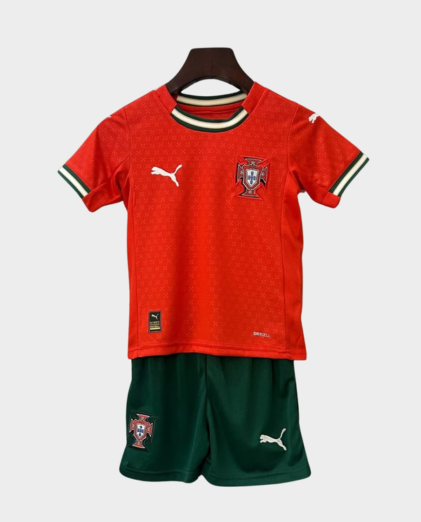 Kids Portugal football kit 2025-26 featuring a red jersey and green shorts for aspiring young players