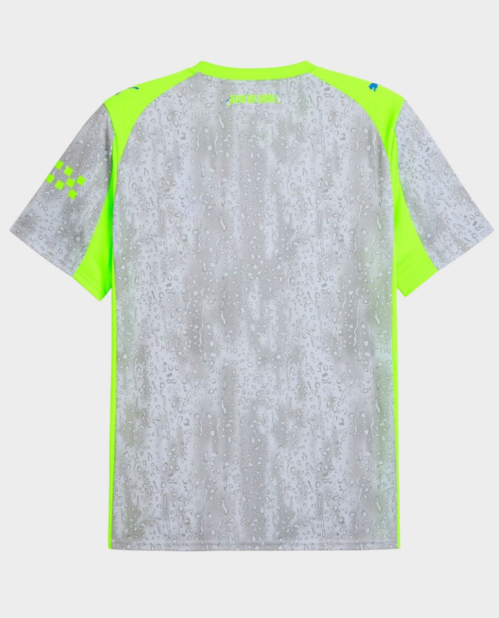 Striker Store Manchester City Third Jersey 2025-26 back view gray marbled pattern with neon yellow side panels and short sleeves
