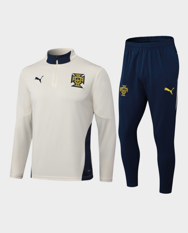 Portugal training suit cream 2025-26 featuring a cream top and navy pants with Puma branding