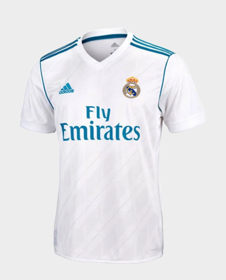 Real Madrid Home Jersey 2017-18 featuring the iconic white design with blue accents and club logo