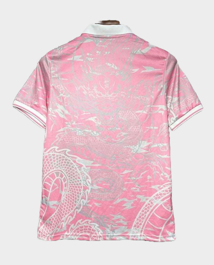 Back view of the Real Madrid pink dragon jersey featuring a detailed dragon design