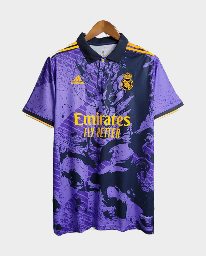 Striker Store Real Madrid player version jersey in purple with Emirates branding and graphic design