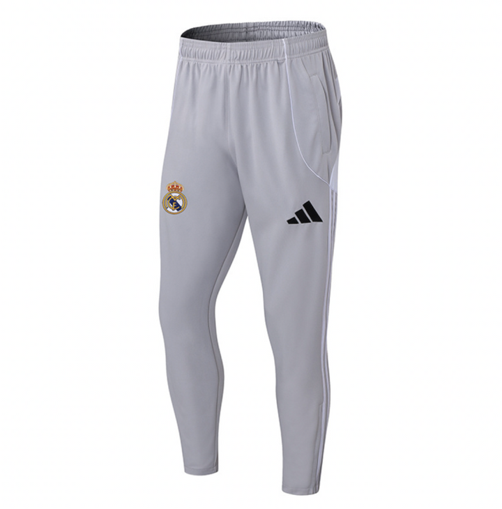 Real Madrid white grey training suit 2025 featuring tapered fit and breathable fabric for comfort