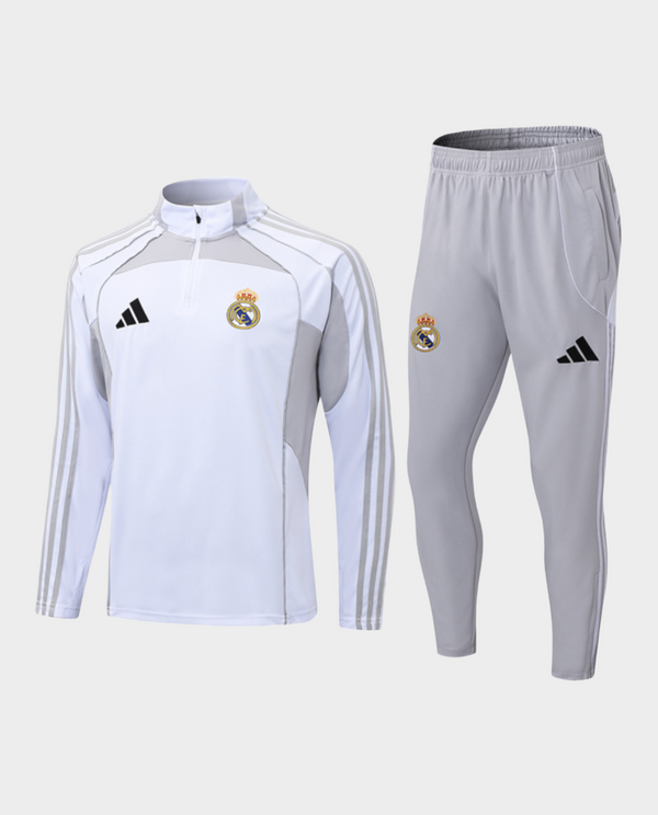 Real Madrid white grey training suit 2025 featuring a stylish pullover and tapered pants