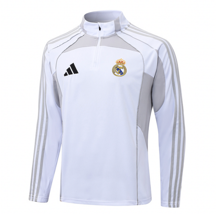 Striker Store Real Madrid white grey training suit 2025 featuring a zippered collar and team logo