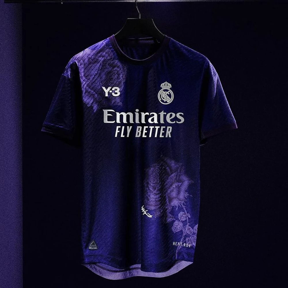 Real Madrid Y3 jersey fan version in purple with Emirates logo and floral design