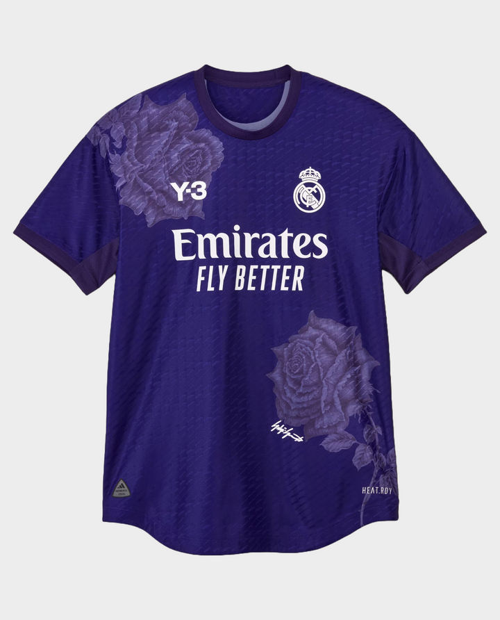 Real Madrid Y3 jersey fan version in purple with floral graphic and iconic club logo