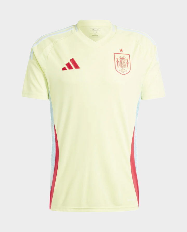Spain away jersey 2024-25 by Striker Store in bright yellow with red accents and logo
